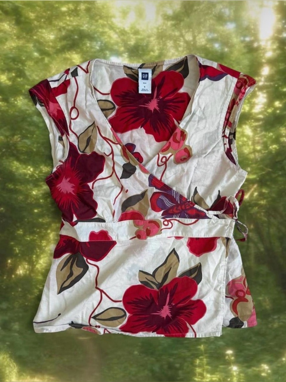 Gap 2005 Vintage Floral Wrap Top Cream Red Y2K Cotton Fairy Cottage Feminine